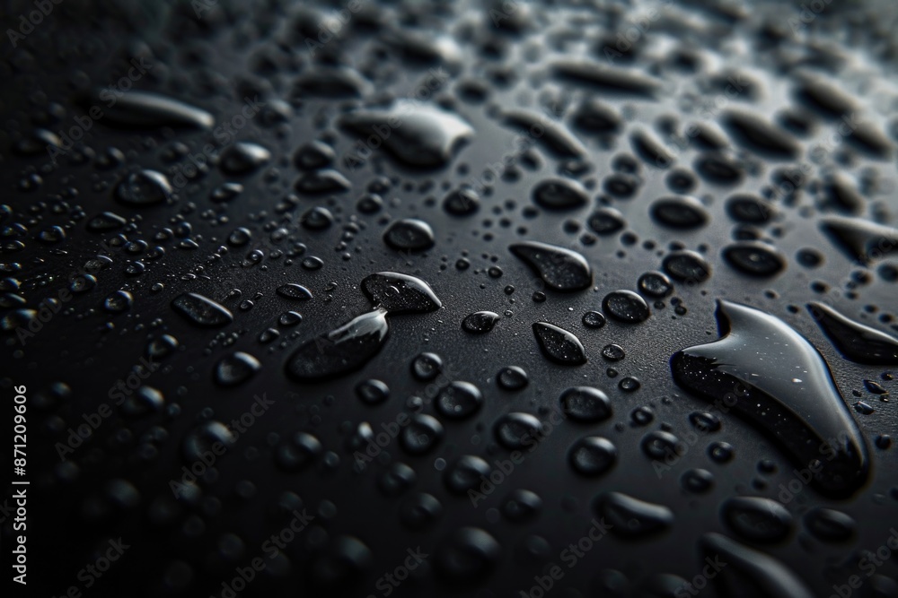 Poster close-up view of water droplets on a dark surface, suitable for use in scientific or technological c