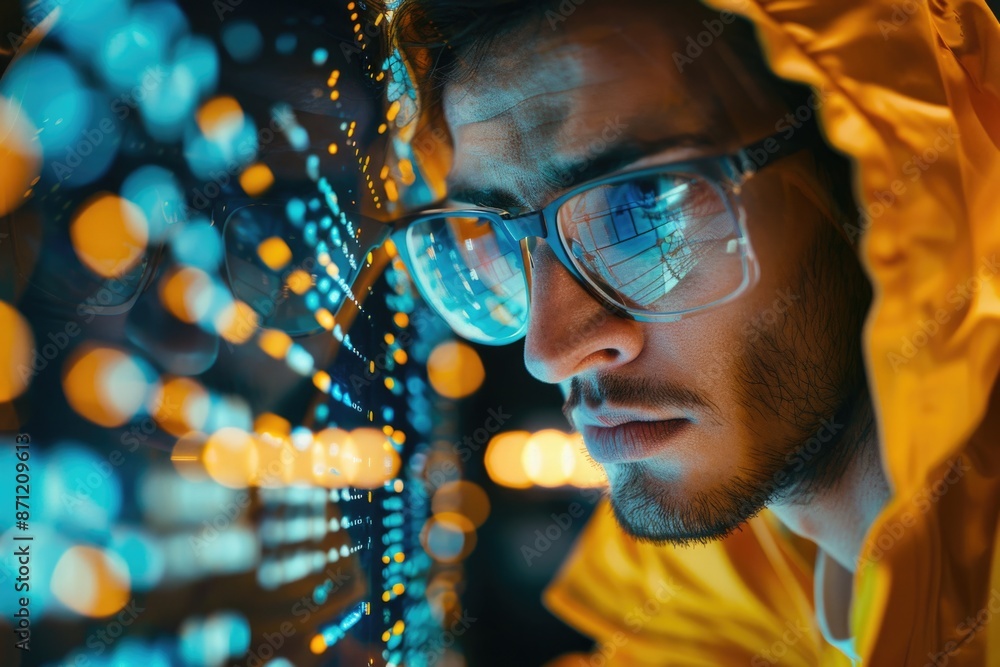 Poster a person wearing a bright yellow raincoat sits in front of a computer, likely working or browsing