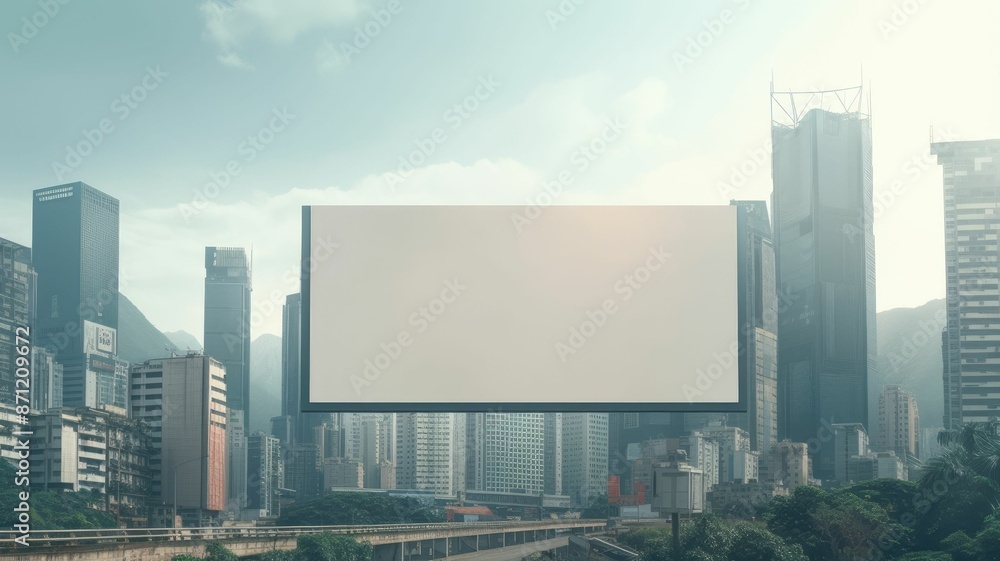 Aufkleber urban billboard above an empty highway with overcast skies and modern cityscape in the background. a