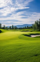

A beautiful golf course with lush green grass under the bright sunshine, featuring distant mountains and clear blue skies. 