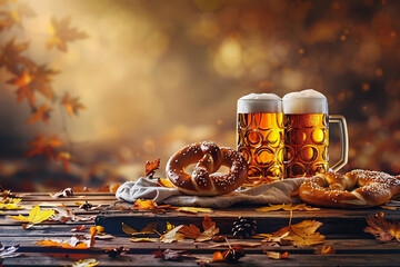 Oktoberfest background, beer and pretzels on a wooden table