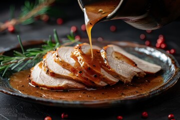 Pouring gravy on sliced meat on plate against dark background