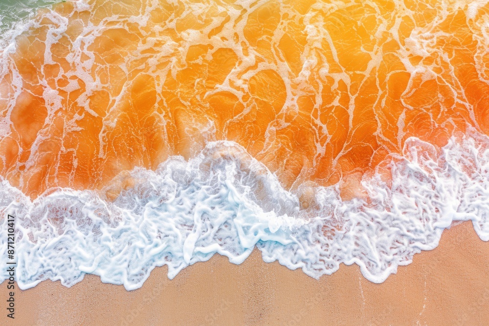 Poster a serene beach scene with waves crashing against the shore, featuring a warm orange and white color 