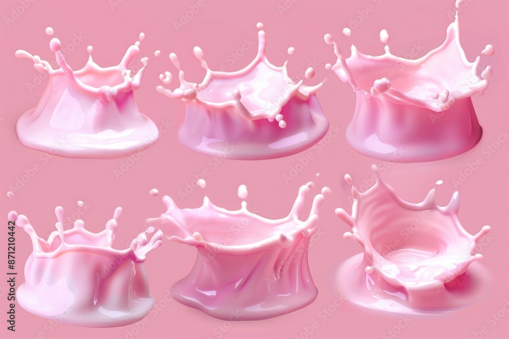 Poster a series of six images showcasing the vibrant color and dynamic movement of a pink liquid splash