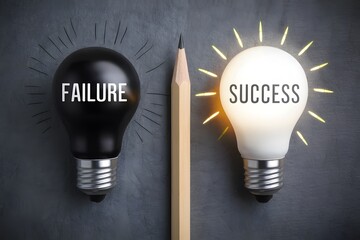 Two light bulbs labeled FAILURE and SUCCESS separated by wooden pencil