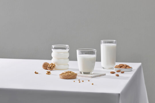 Alternative types of milk. Vegan substitute dairy milk glasses