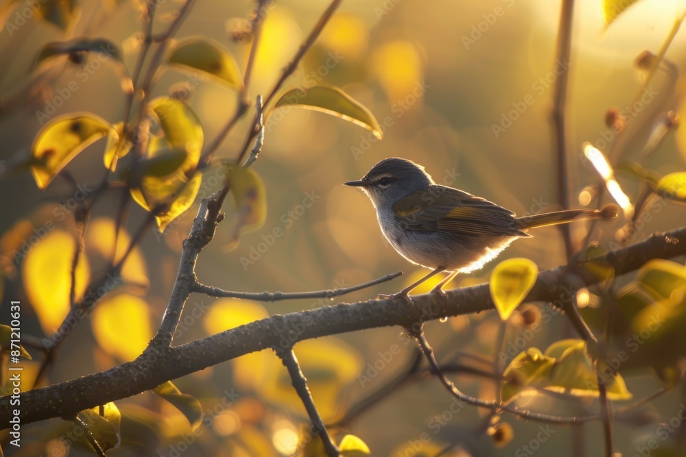 Poster a small bird sits perched on a branch of a tree