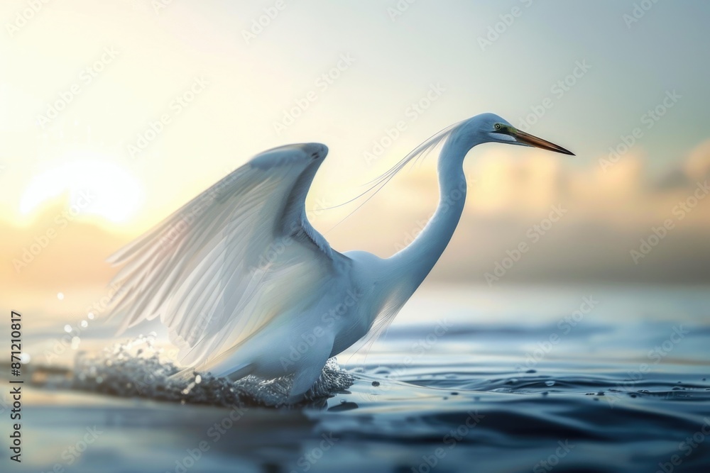 Poster A white bird sits in the water with its wings spread out, perfect for nature or wildlife photography