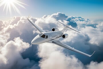 White private jet soaring above fluffy clouds, clear blue sky