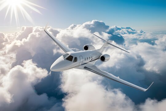 White private jet soaring above fluffy clouds, clear blue sky