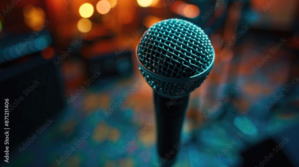 Poster a microphone sitting on a table, ready for use