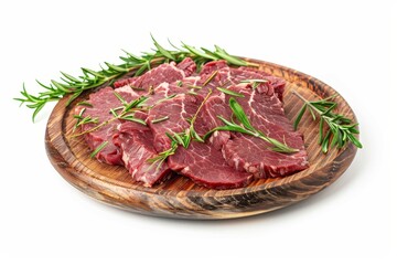 Fototapeta premium Raw sliced beef or veal heart with herbs on wooden plate White background