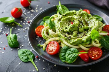 Raw vegan zucchini pasta with avocado dip spinach cherry tomatoes on a dark plate Vegetarian and healthy