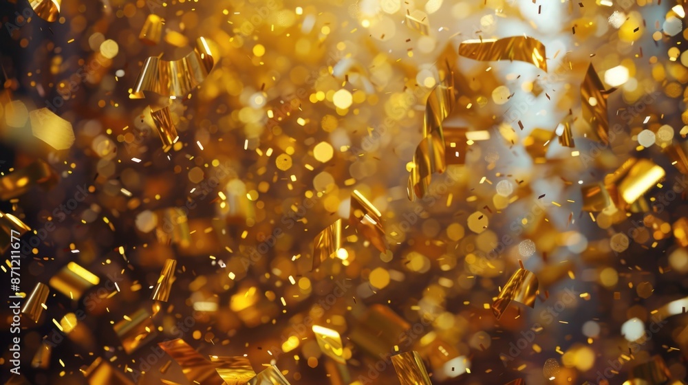 Poster a large amount of gold confetti is falling from the sky, creating a colorful and celebratory atmosph
