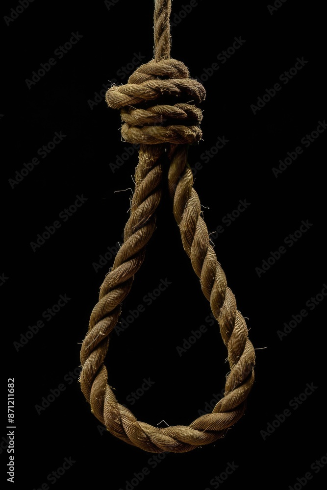 Poster image of a noose hanging from a rope against a black background, suitable for use in crime or myster