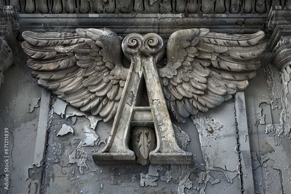 Poster a large stone angel statue adorns the side of a building, creating a striking architectural feature