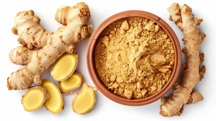 Fresh ginger slices alongside a bowl of powdered ginger, perfect for cooking or baking