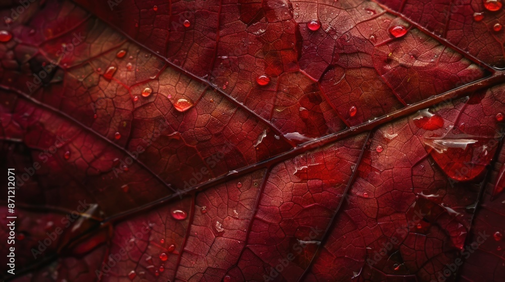 Poster a close-up view of a red leaf with water droplets, great for backgrounds or textures
