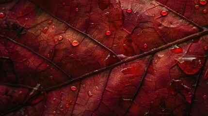 Fototapeta premium A close-up view of a red leaf with water droplets, great for backgrounds or textures