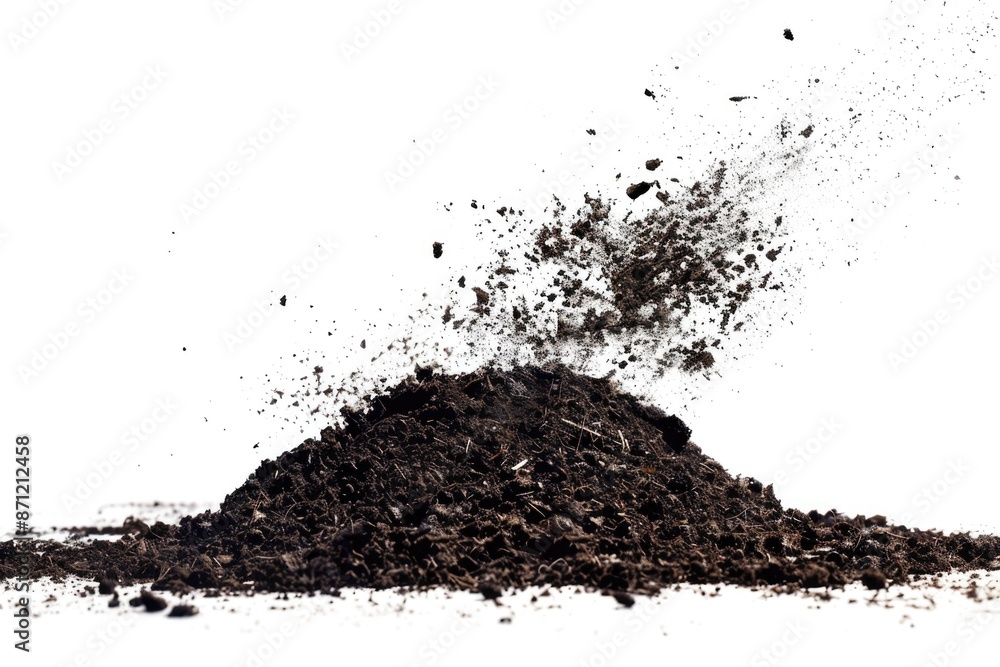 Poster a close-up shot of a pile of dirt on a white surface, ideal for use in science or nature-themed proj