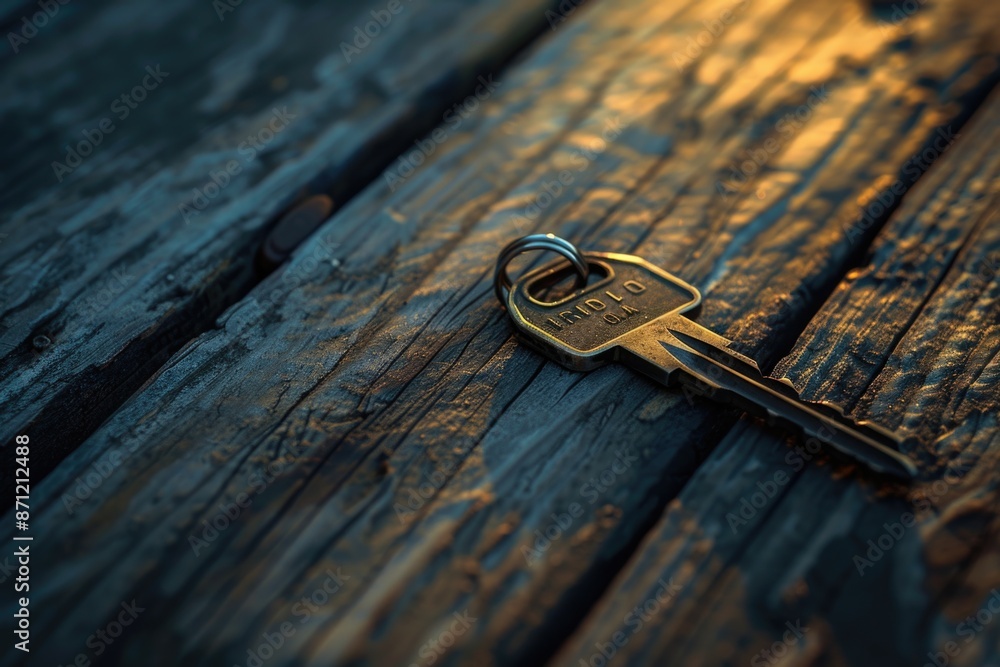 Poster close-up shot of a key on a wooden table, great for use in scenes with old doors or locks