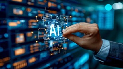 Fototapeta premium Close up of hand touching ai letters signifying emerging artificial intelligence ideas