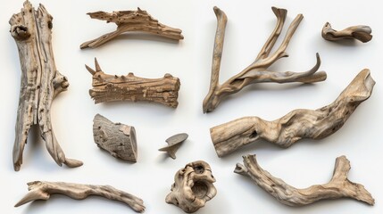 A collection of driftwood pieces arranged on a white surface