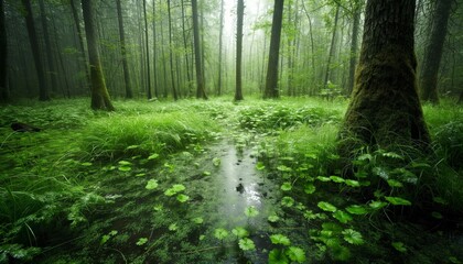 Obraz premium A lush green forest floor covered with moss and small water pools reflecting light. The scene depicts a peaceful and enchanting natural setting.