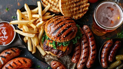 A delicious spread featuring a grilled burger, sausages, crispy fries, and a cold beer, perfect for a hearty meal.