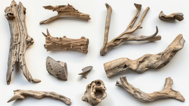 A collection of driftwood pieces arranged on a white surface