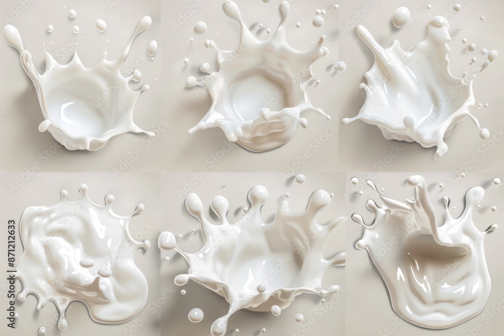Poster Four high-speed shots of milk splashing and forming patterns on surfaces