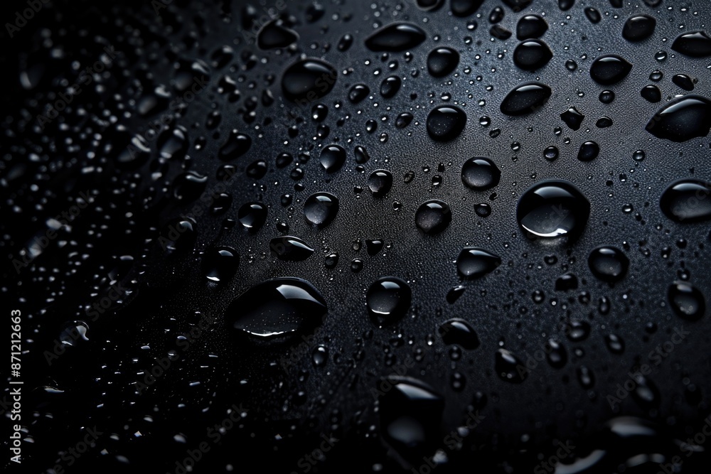 Poster close-up view of water droplets on a dark, smooth surface