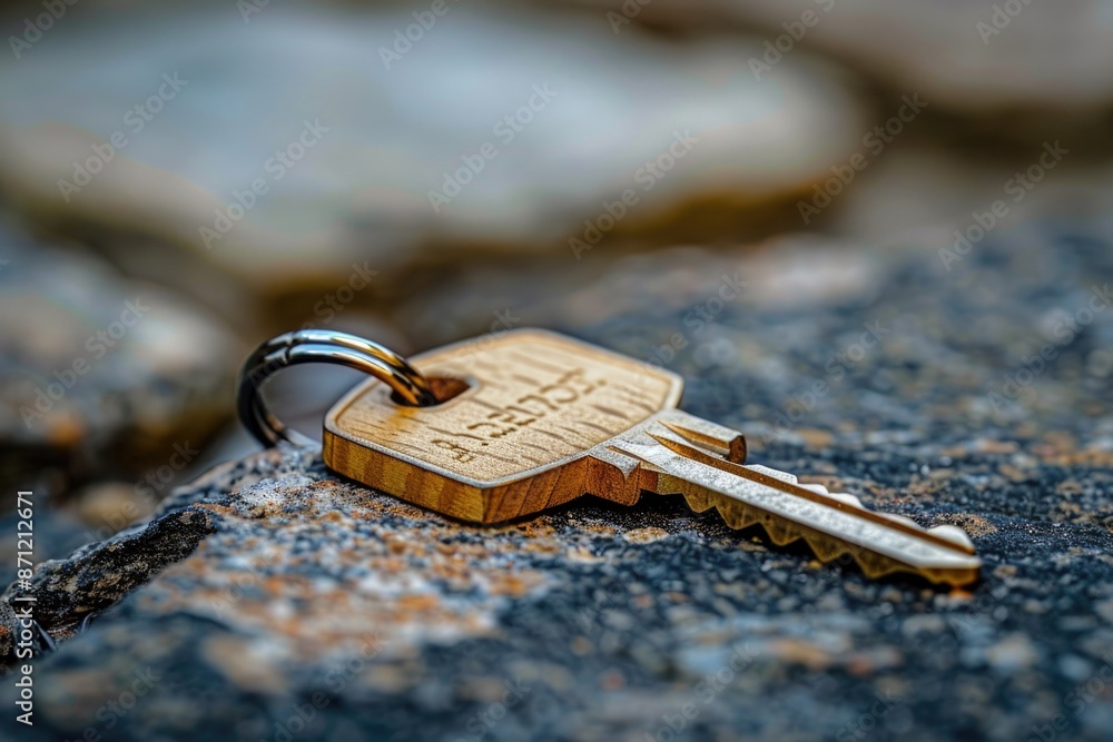 Poster a pair of keys sitting on top of a rocky surface, great for representing lost or forgotten items