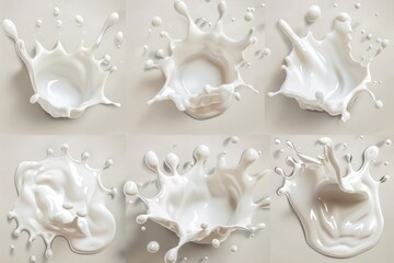 Four high-speed shots of milk splashing and forming patterns on surfaces