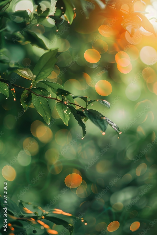 Poster a detailed shot of a tree branch with leaves and twigs, useful for nature-themed projects or decorat