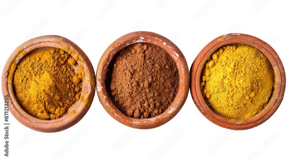 Poster three bowls filled with different types of spices on a wooden table
