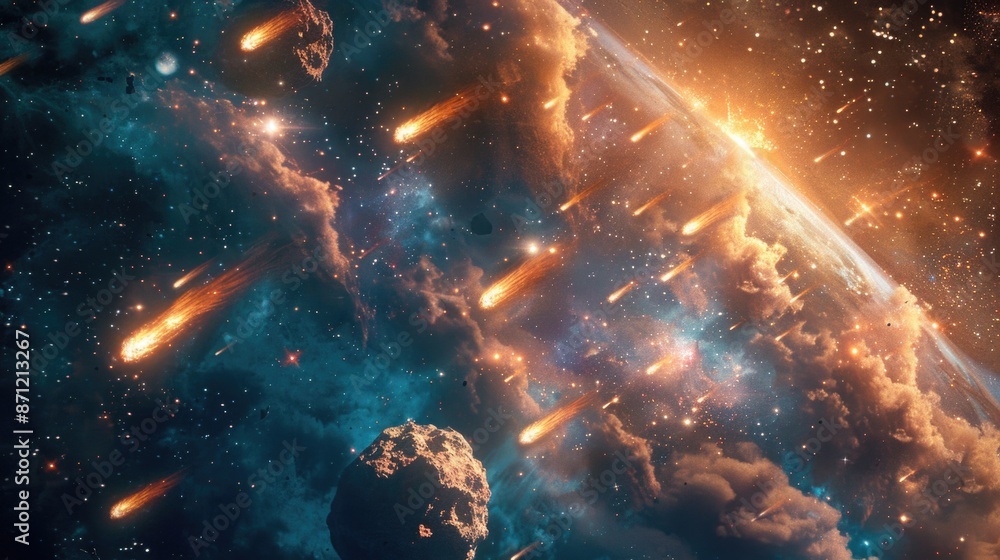 Poster a dark space scene with many stars and galaxies visible in the background