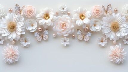 Obraz premium A delicate arrangement of white and peach flowers with butterflies, creating a sophisticated and serene composition.