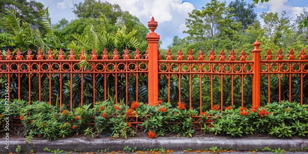 Poster a red iron fence with a beautiful display of flowers in front