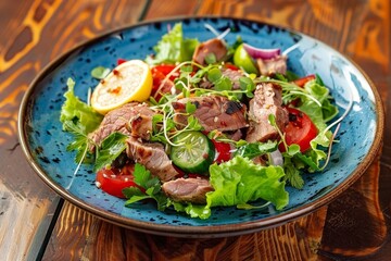 Salad with pork heart lettuce tomato green onion lemon on blue plate on wooden table