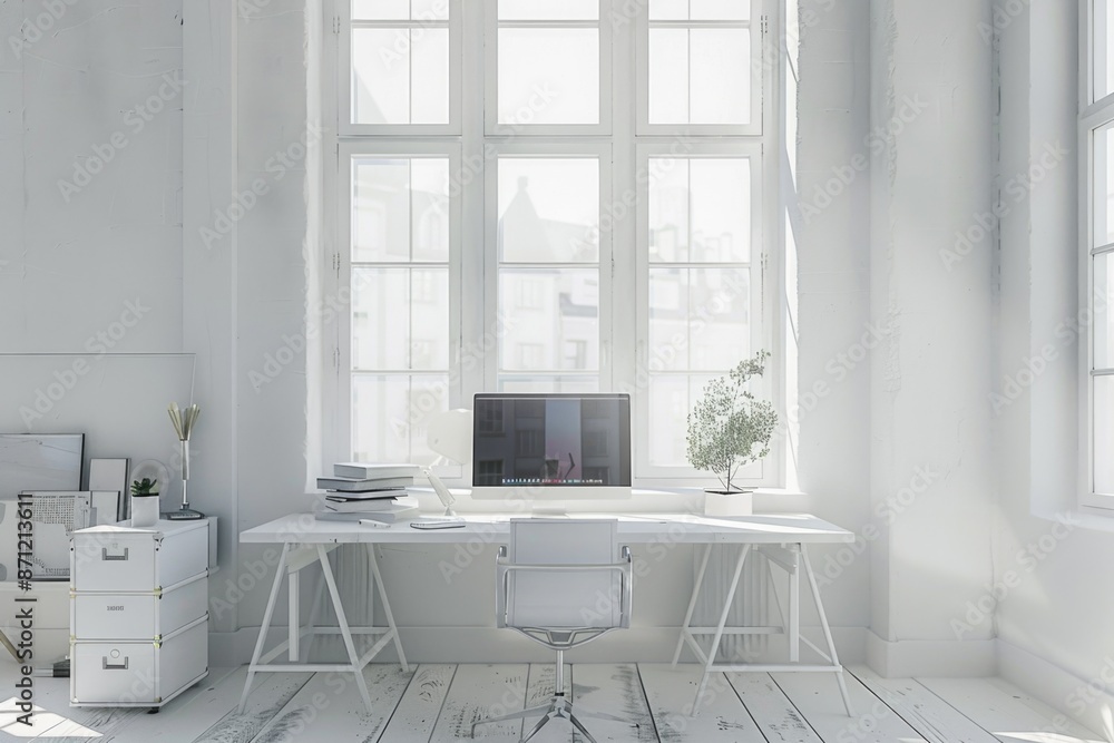 Poster a simple workspace setup featuring a white desk and a computer on top