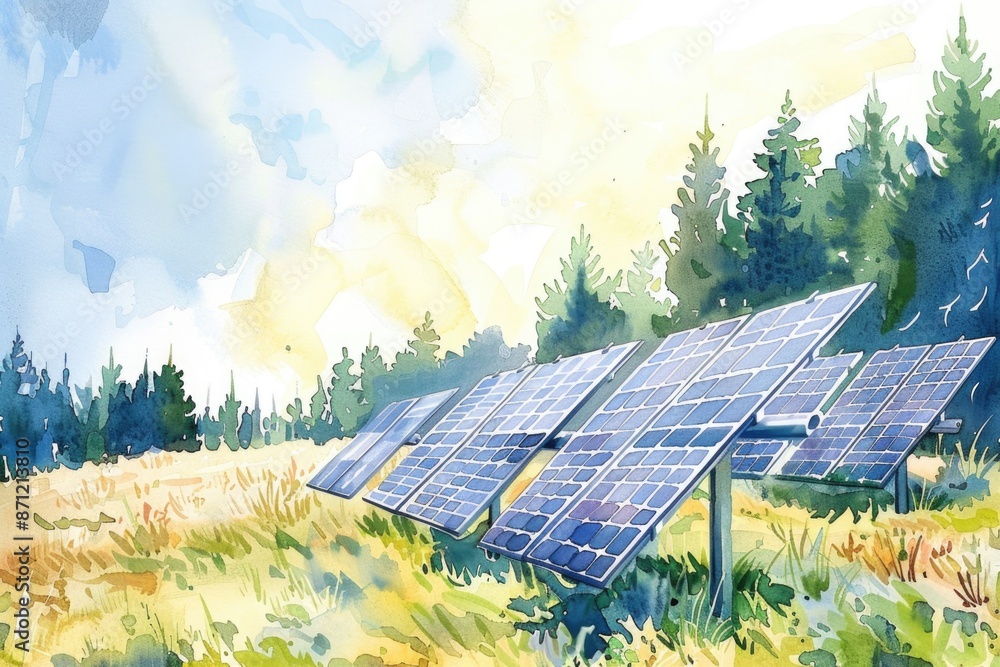 Poster a photograph of solar panels installed in a field, suitable for use in environmental or energy-relat