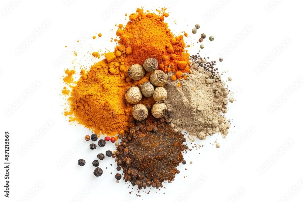 Poster A collection of different spices arranged on a white surface, perfect for food or culinary-themed projects