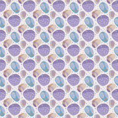 Seamless pattern with sea pebbles and shells on the sand. Summer background. Delicate color scheme. Vector illustration