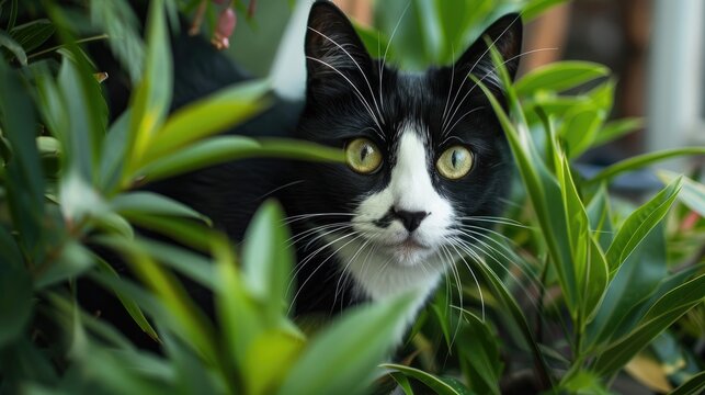 Stealthy black and white cat exploring indoor garden with blank area - Powered by Adobe