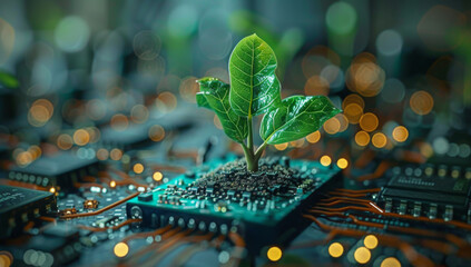 Concept of green technology. green recycle sign on circuit board technology innovations. Environment Green Technology Computer Chip.Green Computing.