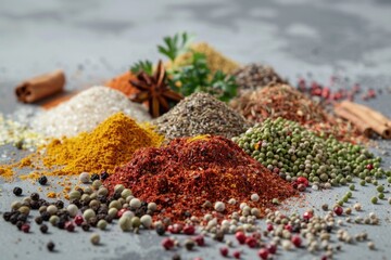 Fototapeta premium Variety of spices and herbs displayed on a table for cooking or decoration