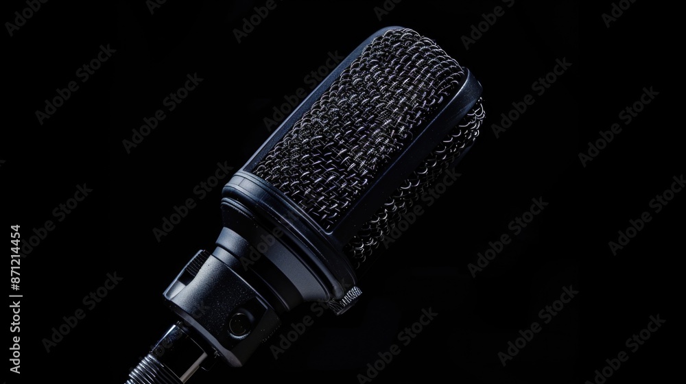 Poster A close-up view of a microphone on a black background, ideal for use in music-related designs or presentations