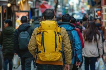 A group of people strolling down a bustling street with tall buildings and busy activity in the background