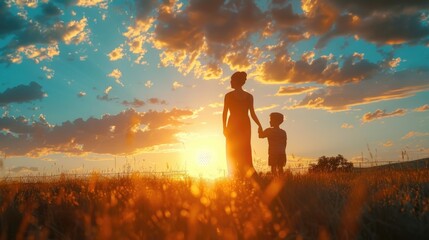 Fototapeta premium A mother and her child enjoying the beautiful sunset in a vast open field